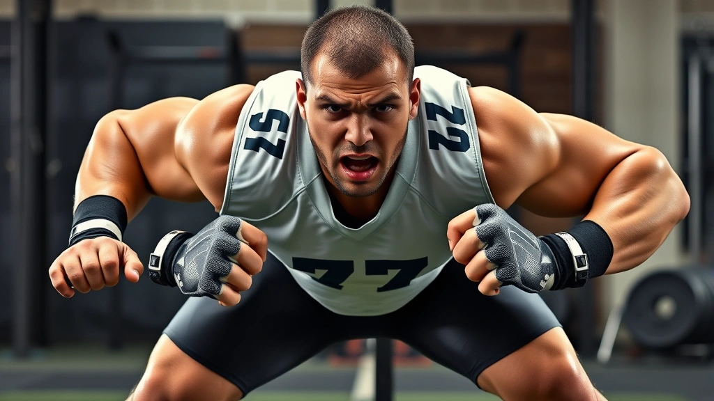 College football defensive lineman in three-point stance executing explosive drive, muscles engaged, intense facial expression, training facility background with weights visible