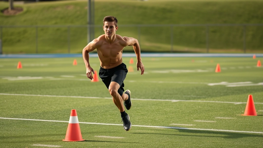 Shirtless college football player performing lateral agility drill between cones on grass field, dynamic movement captured mid-stride, athletic physique, natural outdoor lighting