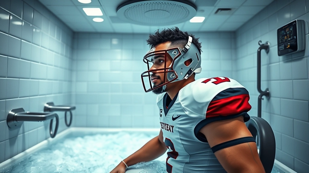 College football player in recovery chamber or ice bath facility, athletic trainer monitoring, professional sports medicine environment, modern training facility setting with equipment