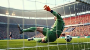 Professional soccer goalkeeper in action making a save during an intense international match, diving horizontally across goal, ball visible, stadium background blurred, dramatic athletic movement, photorealistic