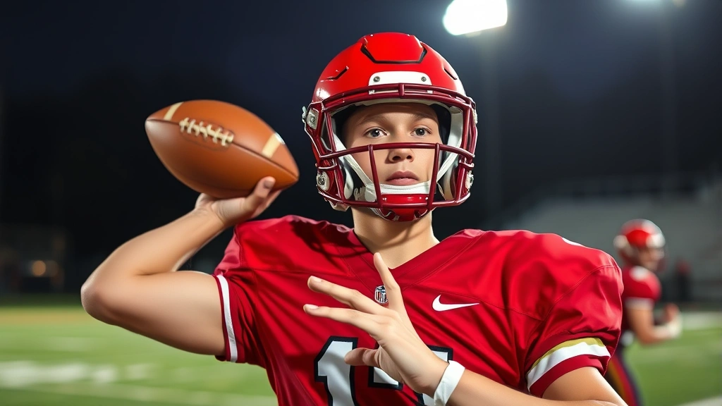 Young high school football quarterback in red uniform throwing football during night game under stadium lights, action shot mid-throw, intense focused expression