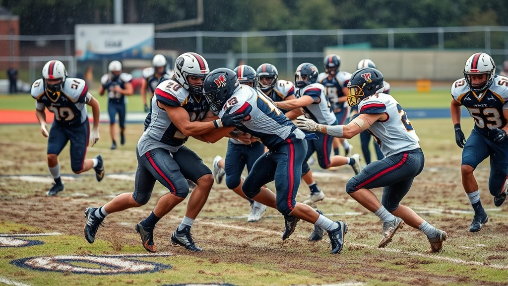 High school football defensive players executing tackle in muddy field during rainy game, multiple players engaged in play, dynamic action photography