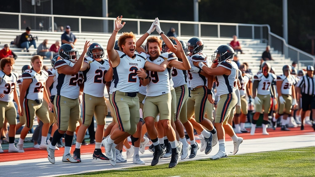 Excited high school football team celebrating on sideline after scoring touchdown, players jumping and chest bumping, genuine celebration emotion, daylight
