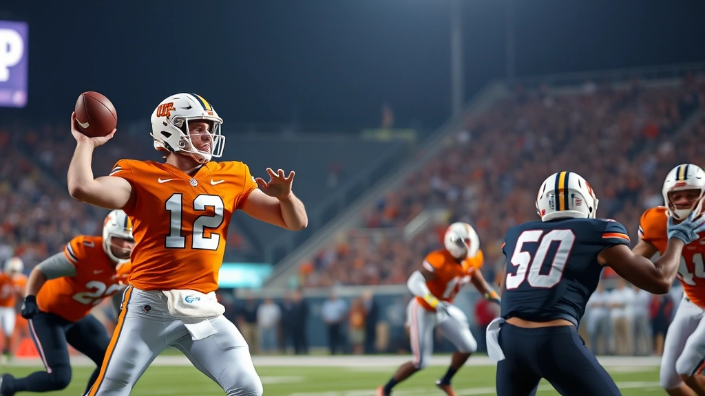 Athletic quarterback in orange UTEP uniform mid-throw during college football game under stadium lights, precise mechanics, football spiraling downfield with defenders approaching