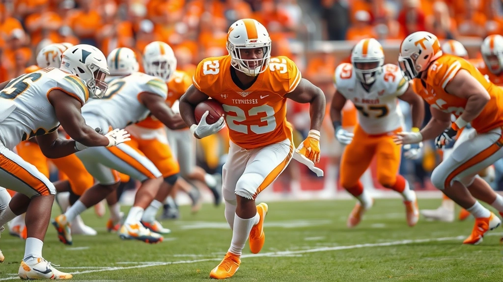 College football running back in Tennessee Volunteers uniform carrying football through line of scrimmage, powerful stride, blockers engaged, defensive pressure visible, intense game action