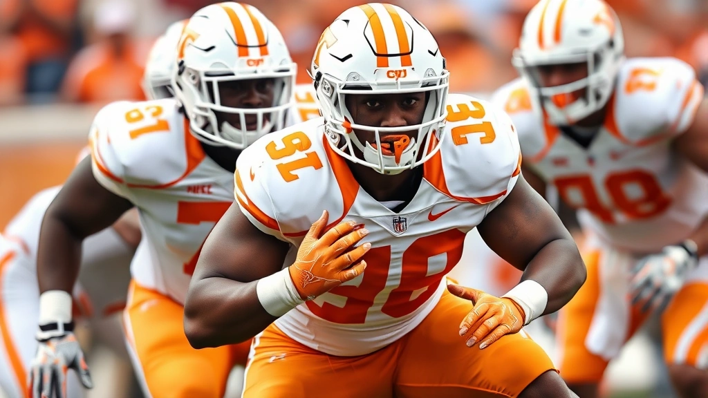 Defensive lineman in Tennessee uniform pursuing football play, gap integrity maintained, athletic positioning, focused expression, defensive dominance during competitive college football matchup
