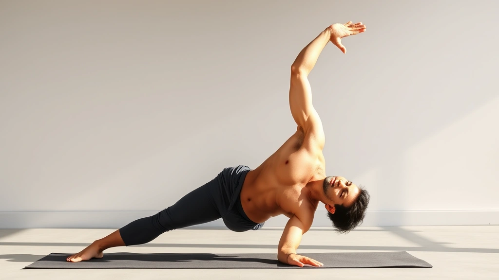 Male yogi performing challenging arm balance pose, strength and control demonstrated, natural daylight, bare feet on mat, athletic build, concentration visible