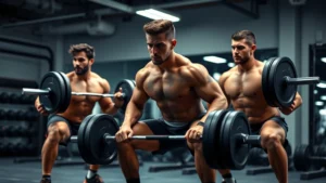 Muscular college football players performing barbell squats in modern weight room with proper form, intense concentration, professional lighting, athletic facility background