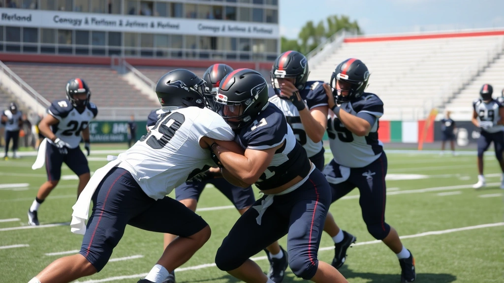 Defensive football players executing tackling drill on practice field, proper pad level technique, multiple athletes in contact drills, outdoor stadium setting with clear skies