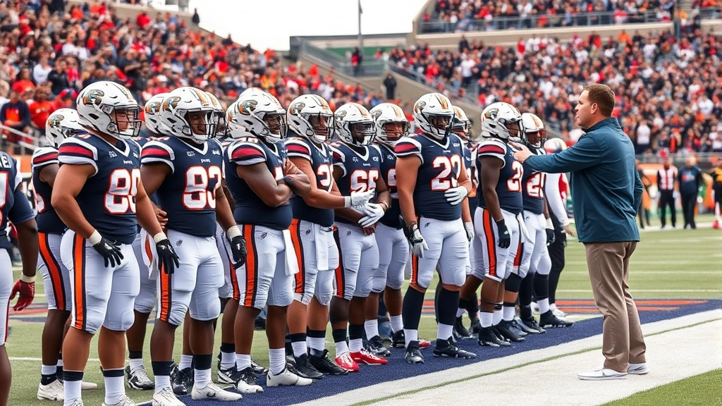 Football team celebrating on sideline after successful play, athletes showing passion and unity, coach directing game strategy, professional stadium environment with crowd