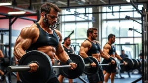 College football players performing intense strength training with barbells and weights in a modern gym facility, showing muscular athletes in mid-lift with focused determination