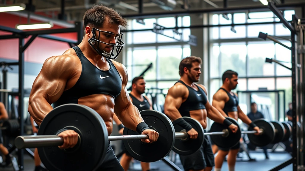 College football players performing intense strength training with barbells and weights in a modern gym facility, showing muscular athletes in mid-lift with focused determination