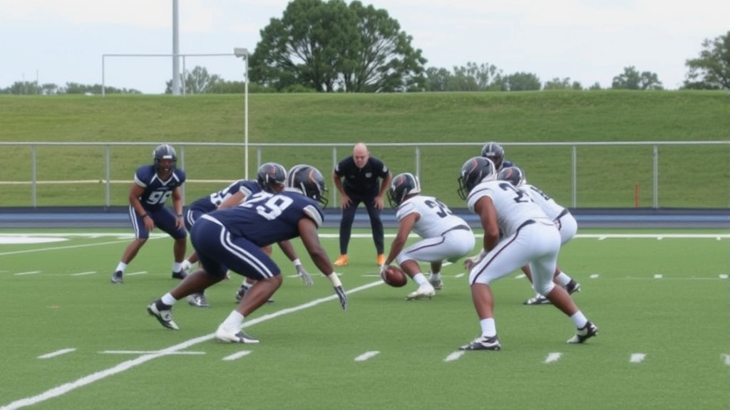 Football team in defensive formation during practice, players positioned in gap assignments with coach demonstrating proper stance and positioning techniques on field