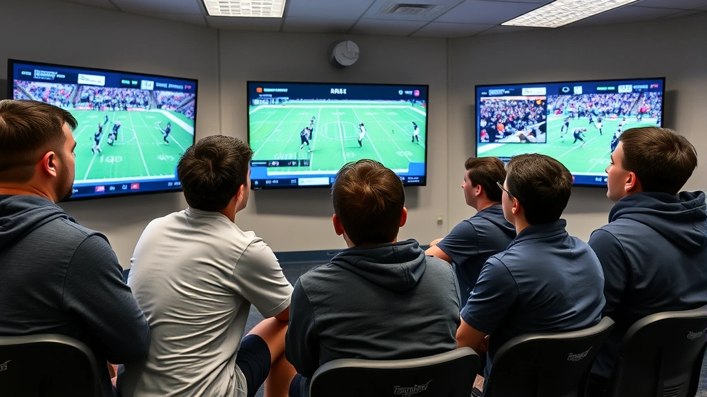 Student-athletes reviewing game film on screens in a modern coaching facility, analyzing opponent strategies and formations with intense concentration and engagement