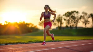 Athletic woman sprinting on outdoor running track at sunset, full body motion, determined expression, professional athletic wear, sharp focus on movement
