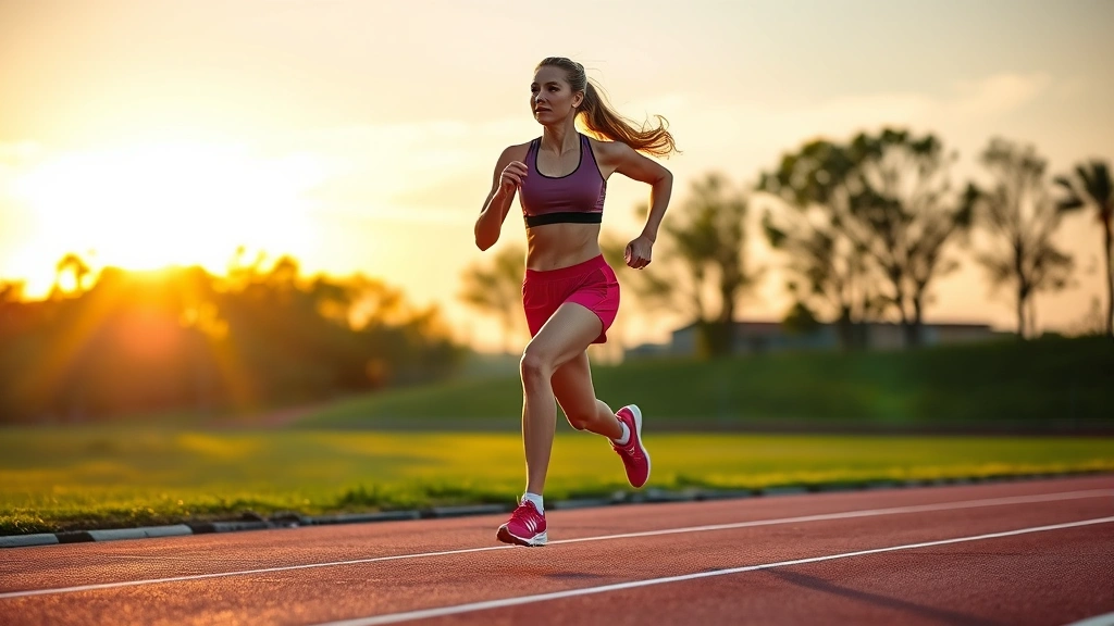 Athletic woman sprinting on outdoor running track at sunset, full body motion, determined expression, professional athletic wear, sharp focus on movement
