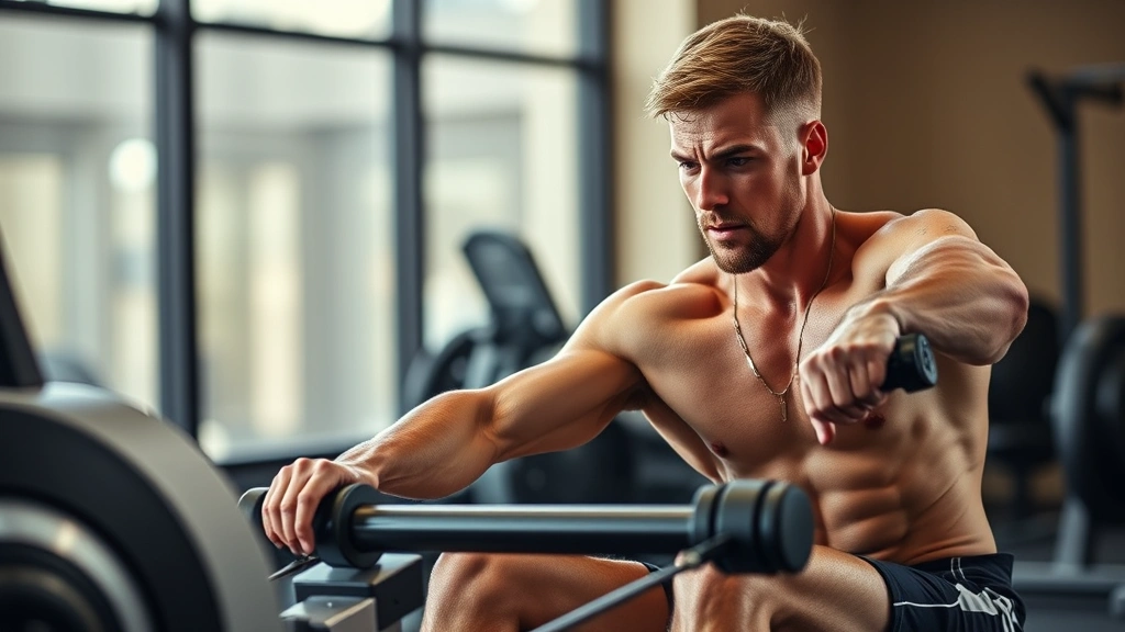 Male athlete performing intense interval training on rowing machine, muscles engaged, sweat visible, indoor gym setting, dynamic action shot