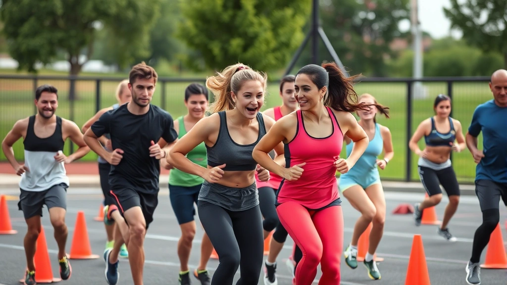 Group of diverse athletes doing high-intensity cardio workout together, circuit training setup with cones and agility markers, outdoor fitness park, energetic atmosphere