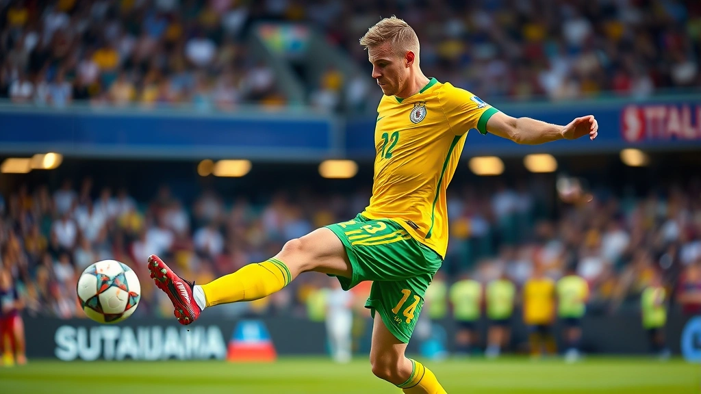 Professional male soccer player executing perfect passing technique during high-intensity international match, wearing yellow and green national team uniform, stadium crowd blurred background, dynamic action shot