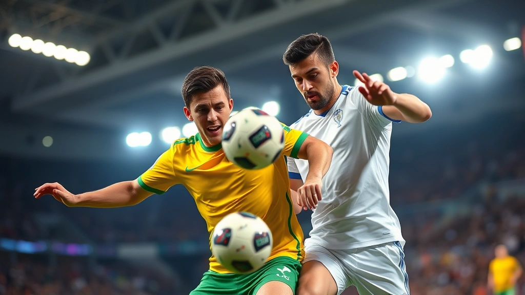 Intense defensive soccer action with two opposing players competing for possession, one in yellow-green jersey one in white, professional stadium lighting, determined facial expressions, athletic movement captured mid-play