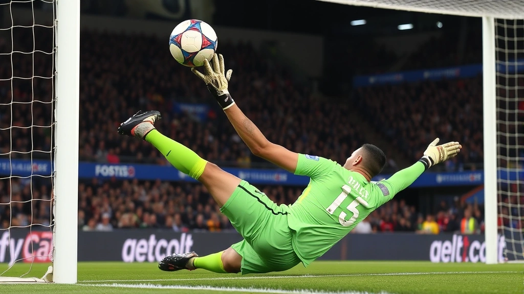 Elite international football goalkeeper making dramatic save during competitive match, diving horizontally toward ball, professional stadium environment, supporters visible in background, peak athletic performance moment
