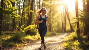 Athletic woman jogging through sunlit forest trail, natural lighting, peaceful expression, surrounded by green trees and dappled sunlight, morning run atmosphere, realistic photography