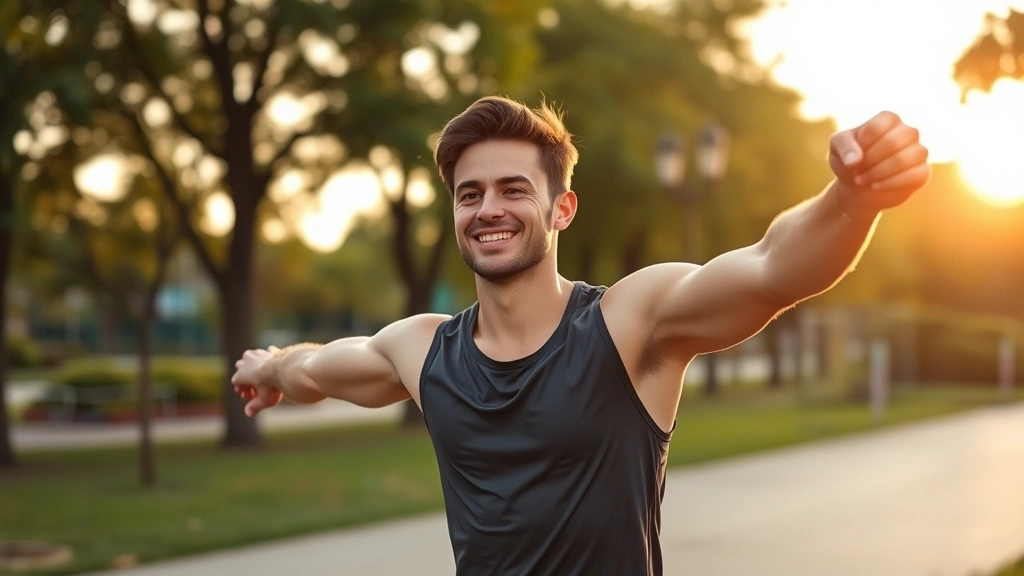 Male runner stretching after workout in urban park, golden hour lighting, calm satisfied expression, natural background with trees and sky, post-exercise recovery moment, photorealistic