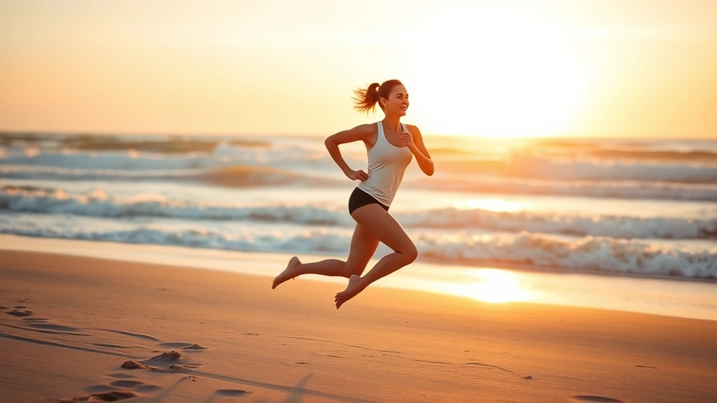 Female athlete running on beach at sunrise, ocean waves in soft focus background, determined yet peaceful expression, natural golden light, barefoot on sand, wellness and freedom imagery