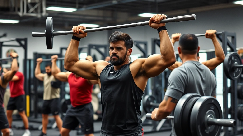 Strength training session with college football players performing compound lifts under supervision, focused intensity, modern weight room equipment visible, athletes demonstrating proper form and maximum effort