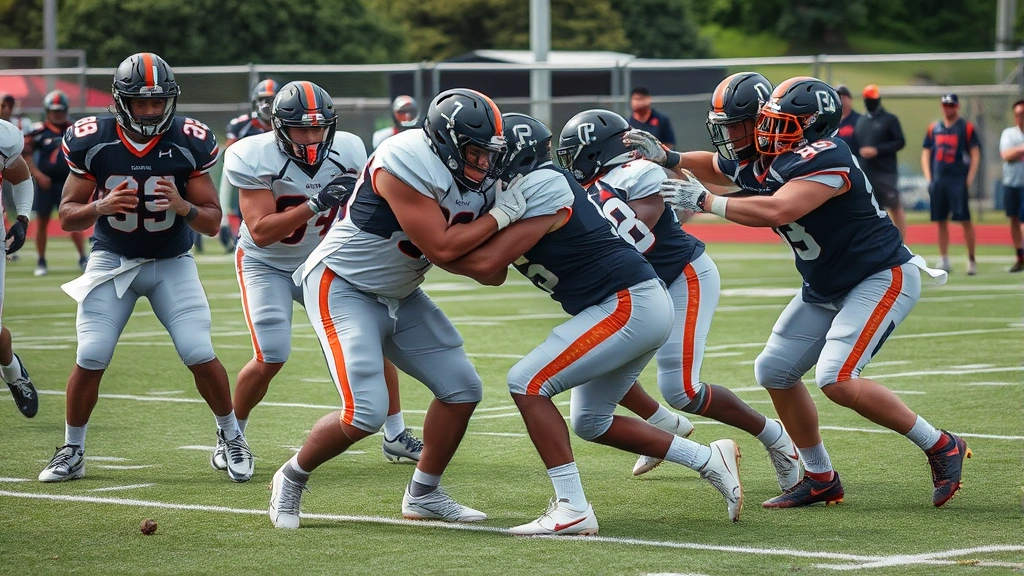 Defensive football players executing tackling drills during team practice, intense competition, proper body positioning and contact technique, field setting with coaching staff observing, demonstrates defensive fundamentals excellence