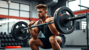College football athlete performing heavy barbell squat with perfect form in modern strength training facility, intense focus and determination visible