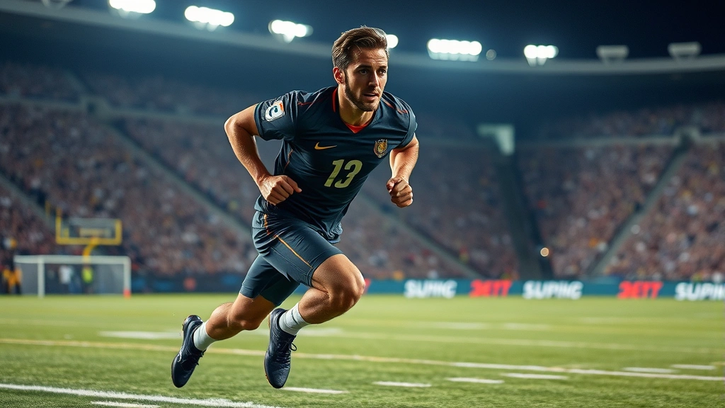 Professional football player sprinting across field at full speed, sweat visible, intense concentration, bright stadium lighting, dynamic action shot