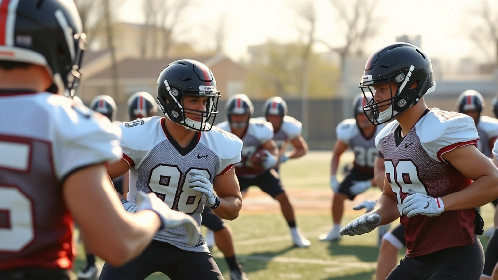 Football team in organized drill formation performing conditioning exercises, players in athletic stance, outdoor practice field, morning sunlight, focused expressions