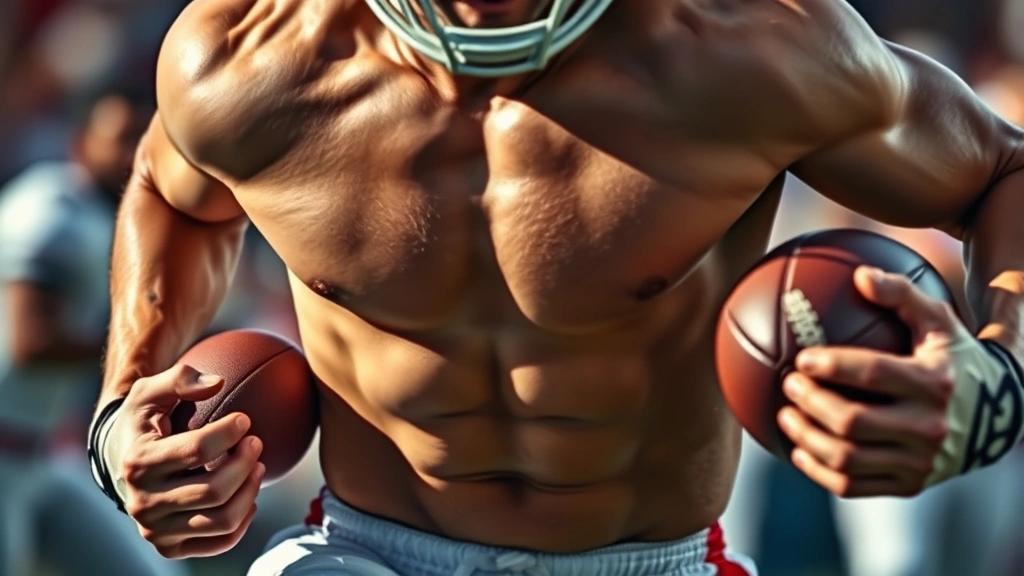 Close-up of athlete's chest during intense football play, showing muscular engagement and athletic physique, player in mid-sprint, powerful leg drive visible