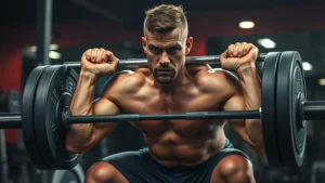 Athletic male powerlifter performing heavy barbell squat with intense focus, gym setting with dramatic lighting, sweat visible, maximum effort expression