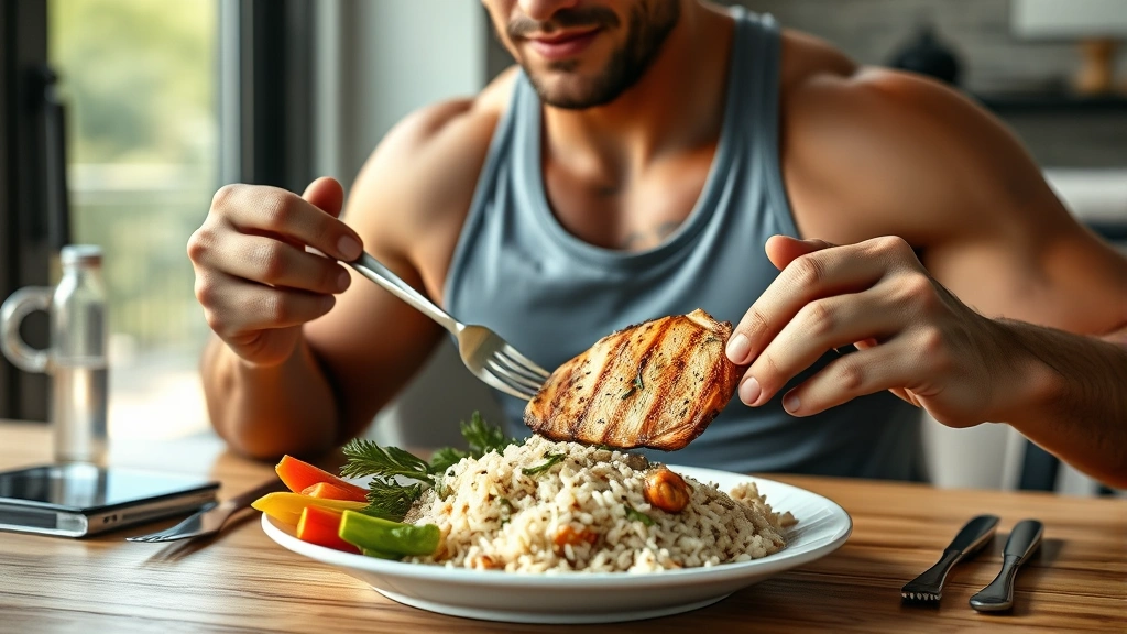 Fit athlete eating healthy protein-rich meal with grilled chicken breast, rice, and vegetables at dining table, natural daylight, motivational posture