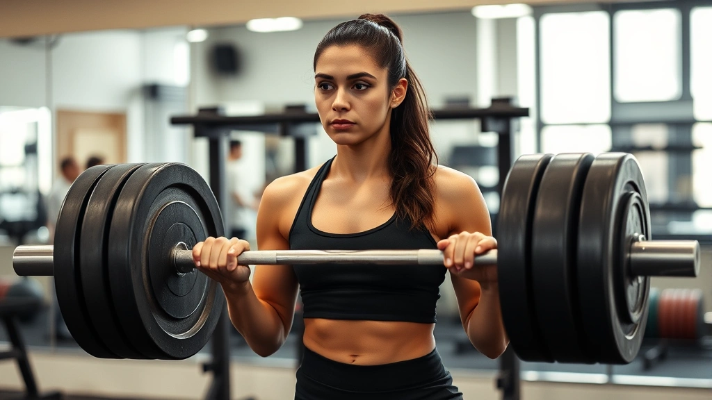 Strong woman performing deadlift with perfect form, barbell loaded with weight plates, determined facial expression, professional gym environment with mirrors