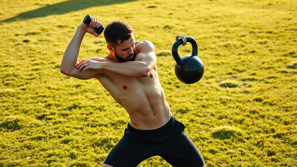 Fit male athlete performing explosive kettlebell swing outdoors on grass field, dynamic motion captured mid-swing, athletic build, morning sunlight creating contrast