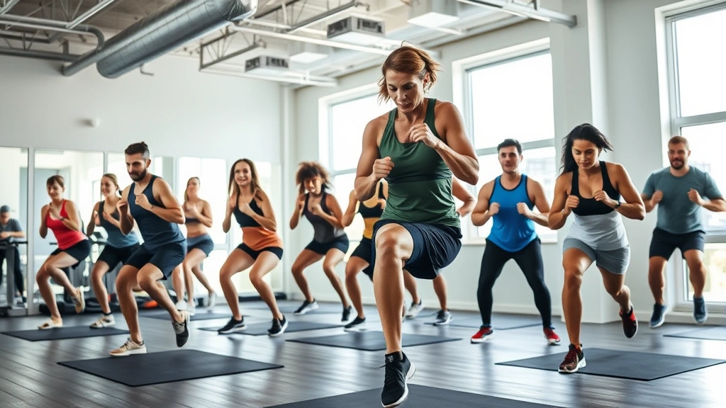Diverse group of people performing high-intensity interval training circuit in fitness studio, burpees and mountain climbers, energetic movement, sweat visible, motivational energy