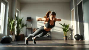 Athletic woman performing burpees in modern home gym, mid-movement dynamic pose, natural lighting, fitness motivation intensity