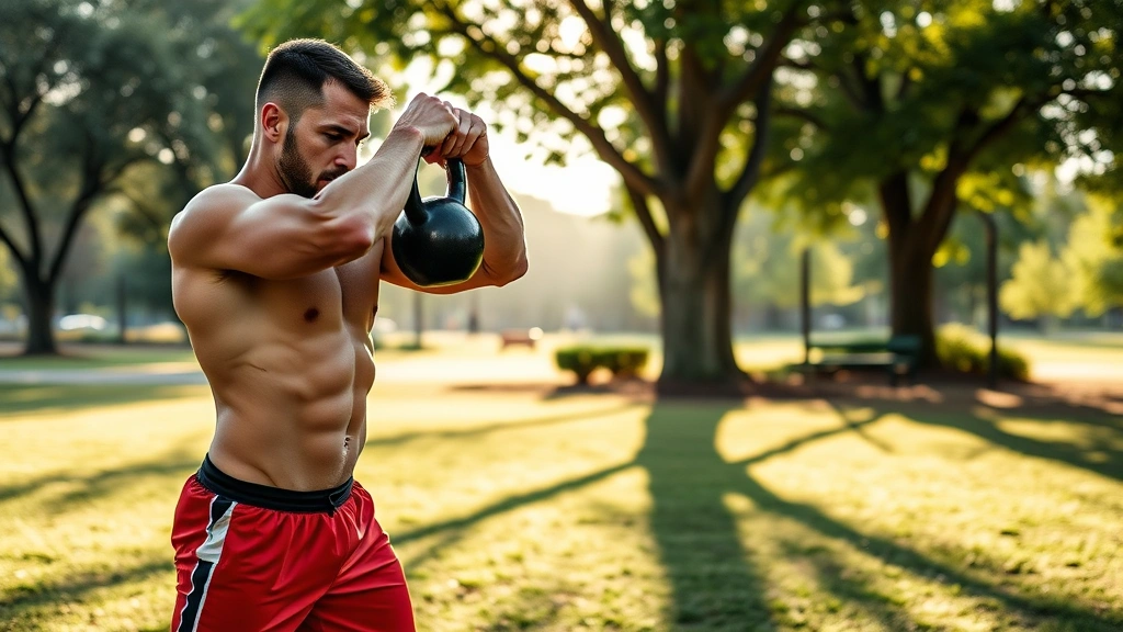 Muscular man doing kettlebell swings outdoors in park, explosive power movement, morning sunlight, functional fitness training