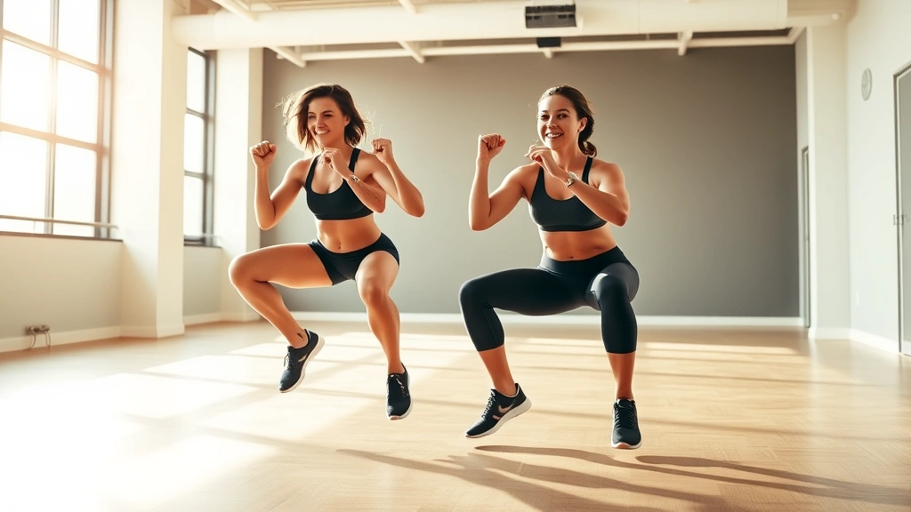 Fit couple doing jump squats together in bright gymnasium, high-energy intensity, athletic performance, motivational workout scene