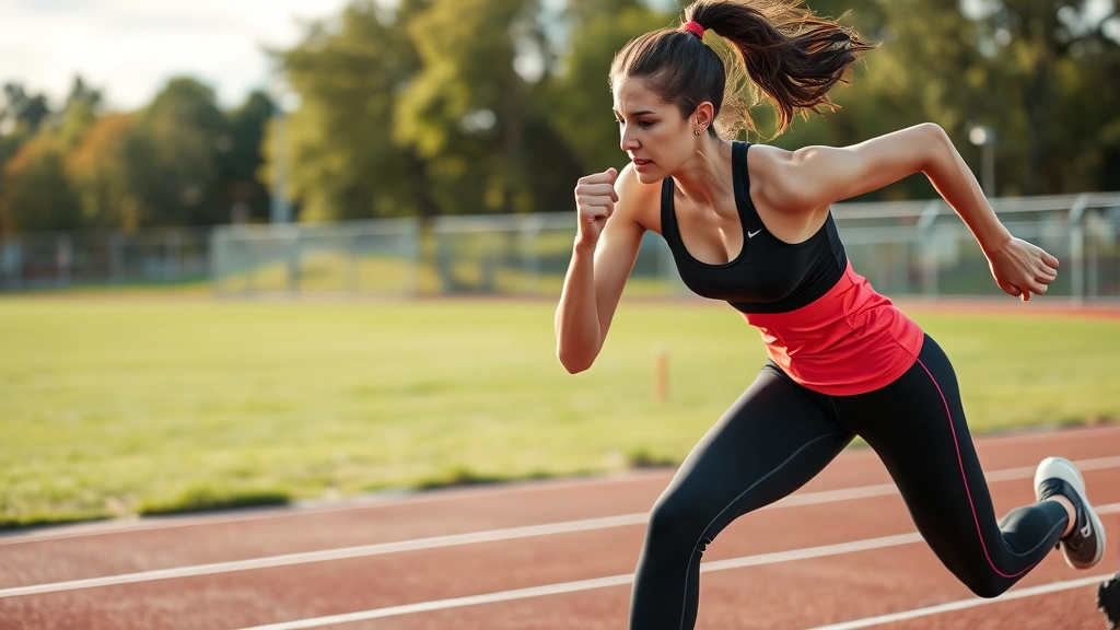 Athletic woman performing high-intensity interval training sprint on outdoor track, pushing maximum effort with focused intensity and dynamic movement