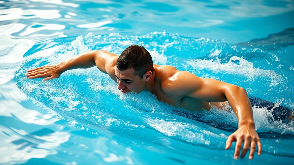 Male athlete swimming freestyle in blue pool water, showing powerful stroke technique and full-body engagement during cardiovascular training session