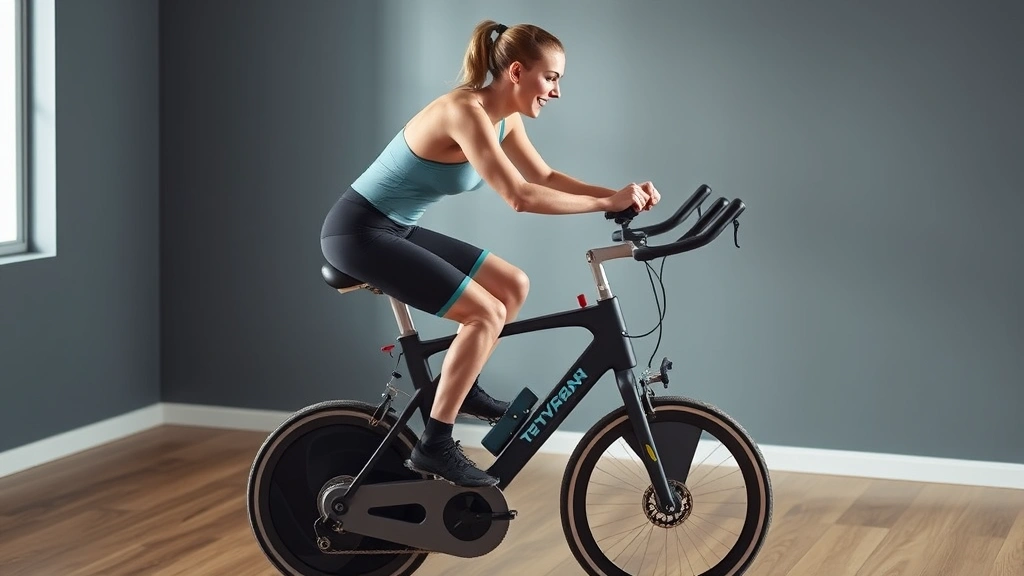 Fit person cycling on stationary indoor bike with proper posture, demonstrating low-impact cardio workout with controlled intensity and form