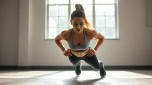 Athletic woman performing explosive burpees in bright gym with natural light, sweat visible, intense focused expression, modern minimalist gym setting