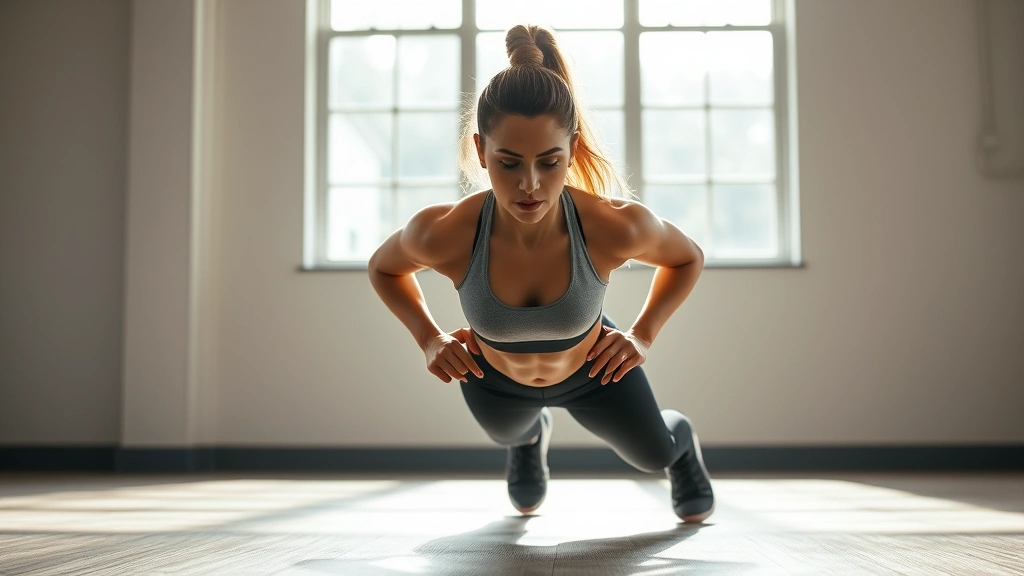 Athletic woman performing explosive burpees in bright gym with natural light, sweat visible, intense focused expression, modern minimalist gym setting