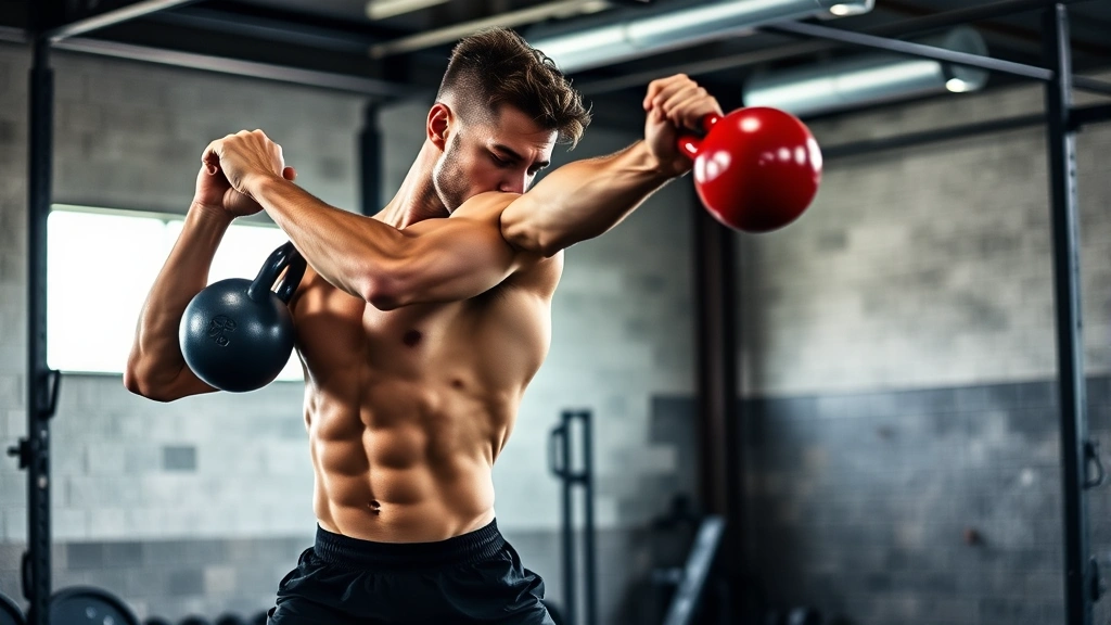 Muscular male athlete doing high-intensity kettlebell swings in crossfit box, dynamic motion captured mid-swing, powerful athletic form, industrial gym background