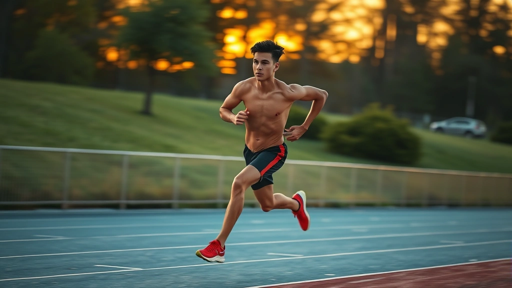 Young fit person sprinting on outdoor track at sunset with dynamic motion blur, athletic build, determined expression, natural golden hour lighting