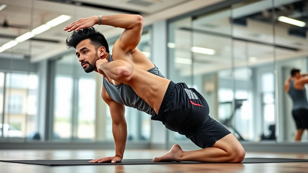 Man performing pigeon pose hip stretch, balanced on hands and back leg extended, concentrated focus, modern fitness studio with mirrors, athletic shorts and tank top